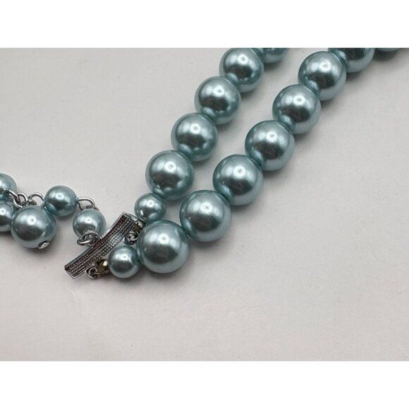 Baby Blue Double Strand Faux Pearl Necklace Choker Silver Tone Clasp - Picture 5 of 6